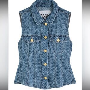 Ganni Blue Tweed Sleeveless Button-Front Top with Gold Buttons